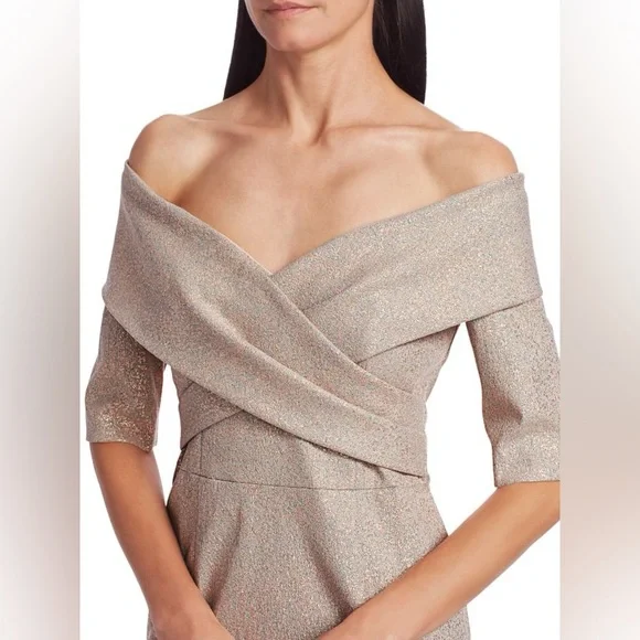 NWT Teri Jon Rickie Freeman Rose Gold Glitter Off Shoulder Column Gown Dress 8 - Picture 4 of 13